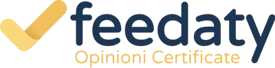 Logo Feedaty con un segno di spunta giallo e testo blu con il sottotitolo 'Opinioni Certificate'.