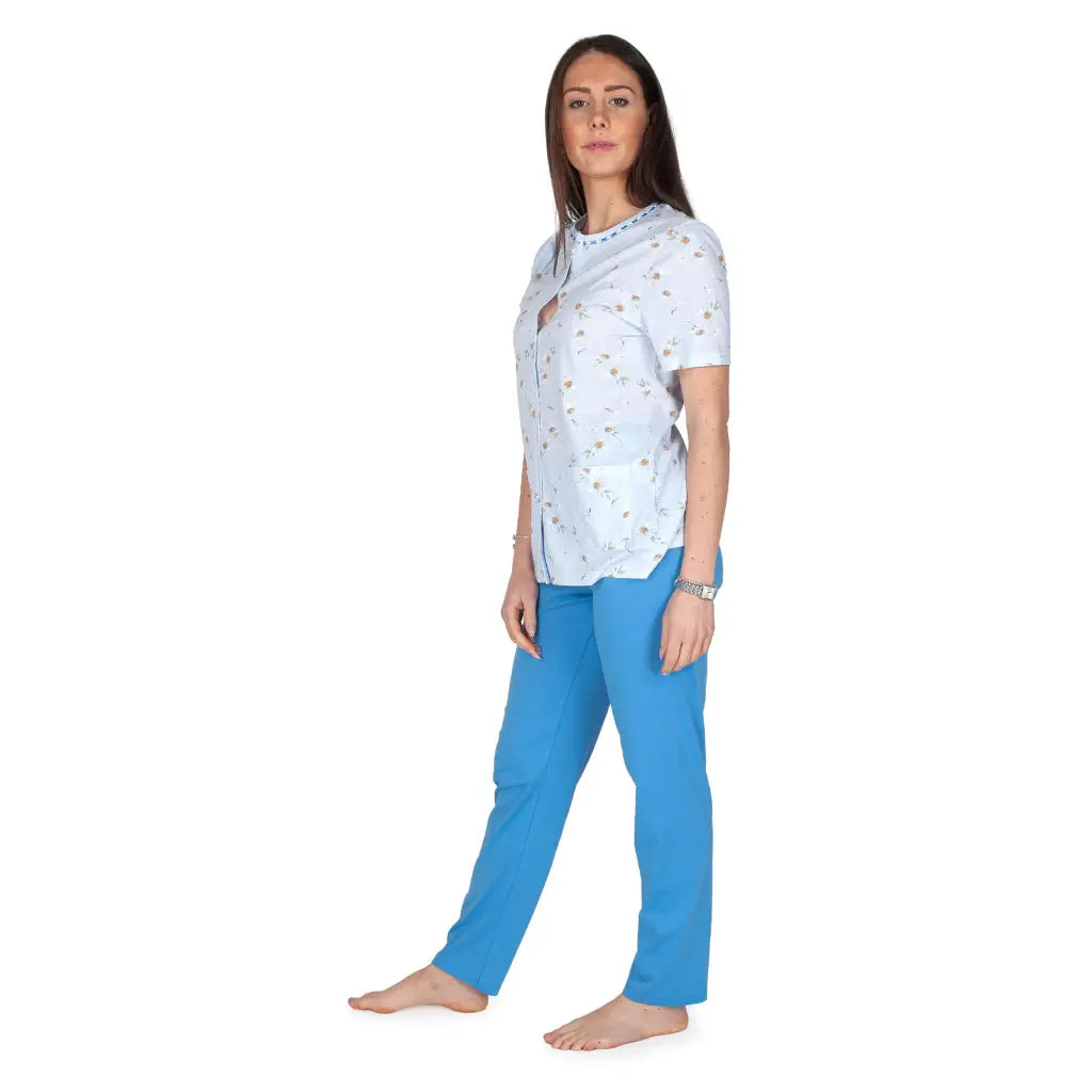 Pigiama donna aperto davanti a mezza manica e pantalone lungo in puro  cotone leggero Margherita Linclalor