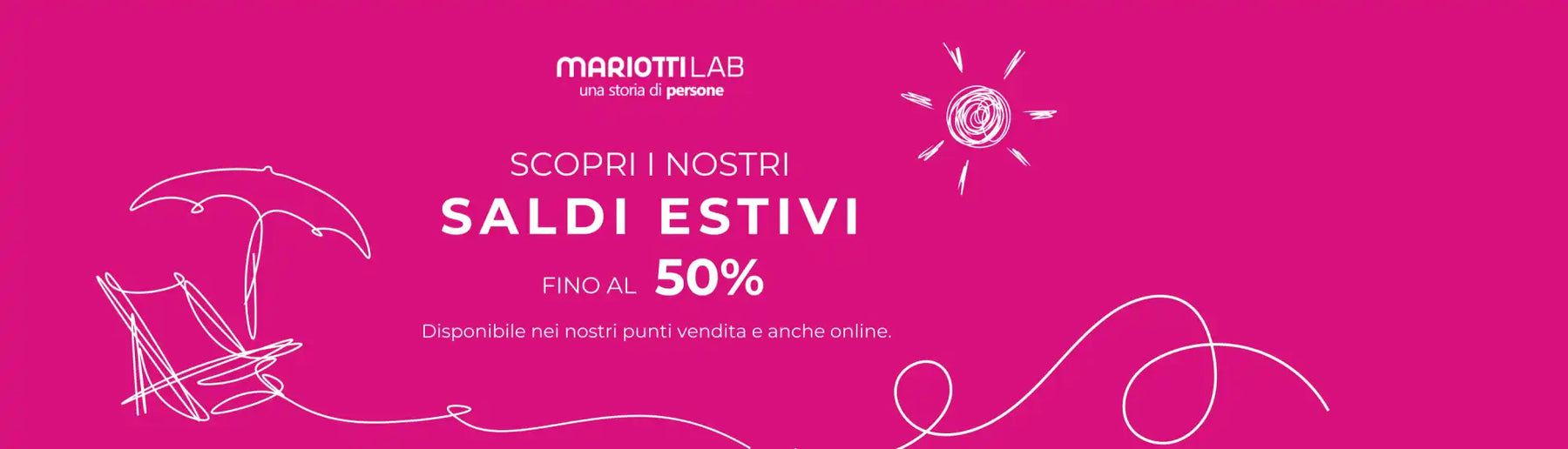 Un vivace banner rosa che pubblicizza saldi estivi con sconti fino al 50%.