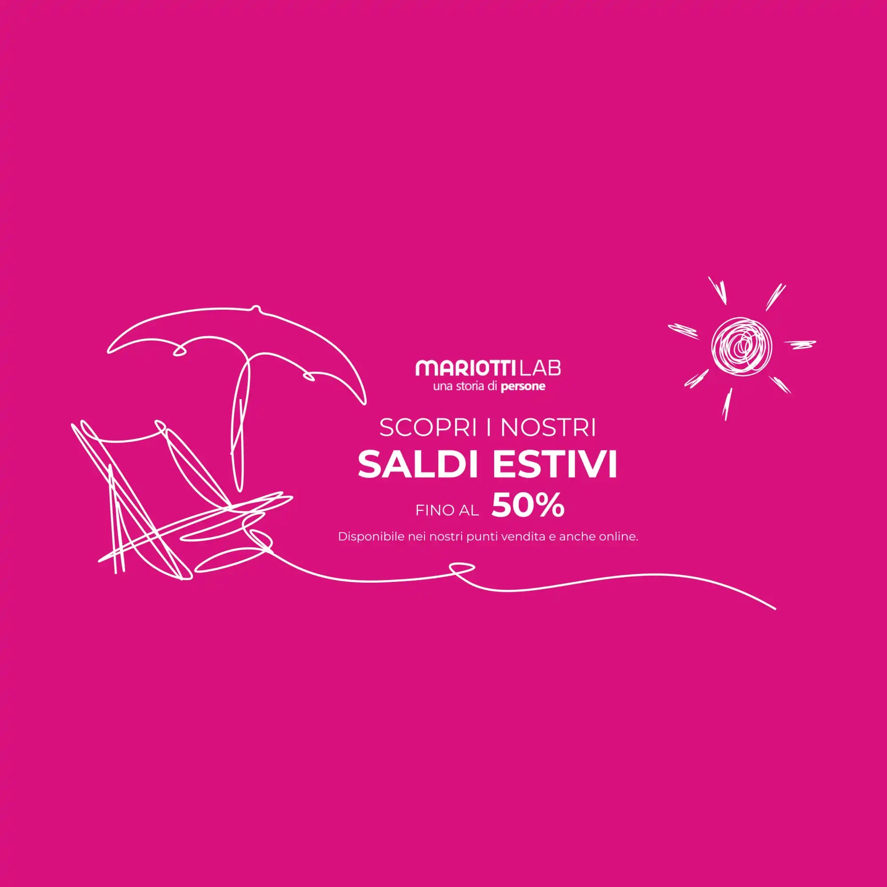 Uno sfondo rosa vibrante con linee bianche che raffigurano una scena di spiaggia, con un sole, un ombrellone da spiaggia e una sedia a sdraio, pubblicizzando saldi estivi fino al 50% di sconto.